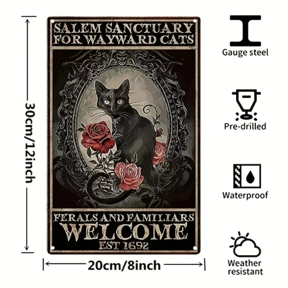 Salem Wayward Cats Sanctuary Halloween Sign | Vintage Tin Decor for Spooky Home | Witchy Cat Wall Art