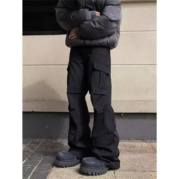

American Vintage New Fashion Men's Solid Color Loose Multi Pockets Casual Trendy Wide Leg Loose Straight Cargo Trousers Male