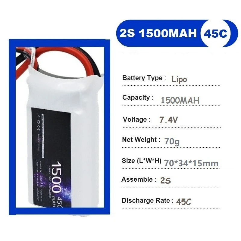 7.4V 2S 1500mAh 45C Lithium Polymer Battery for RC Model Toys Aircraft Boat Car Sweeping Robot with T JST XT30 XT60 Plug