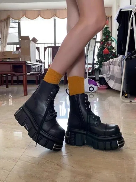 Metal Thick-Soled Heightening Women's Ankle Boots Dark Punk Lace Up Leather Boots Round Toe Goth Motorcycle Boots Short Boots - Image 5