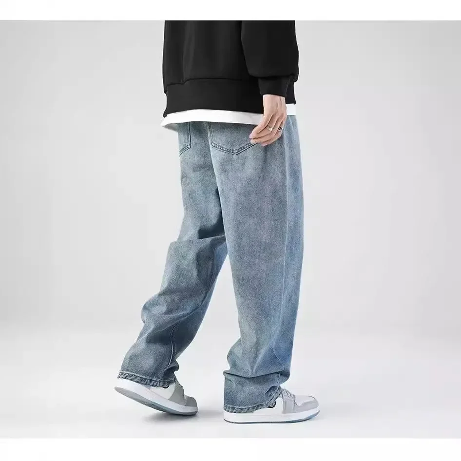 

LIBIELIY Four Seasons New Fashion Men's Casual Rendy Japanese Washed Loose Wide Leg Jeans Pants Solid Color Denim Trousers Stre