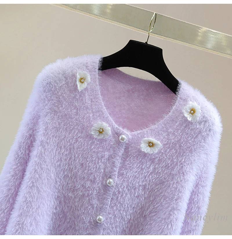 Beaded Flower Mohair Long-sleeved Knitted Cardigan Purple Sweater Women Spring Winter Korean Fashion Round Neck Sweaters Coats