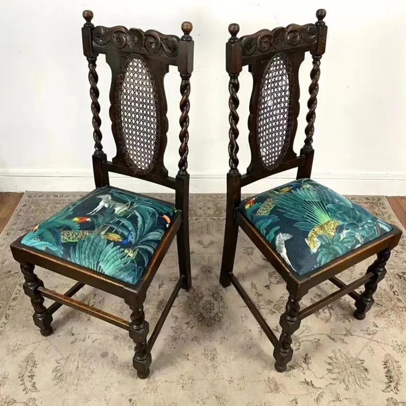 Medieval American retro solid wood dining chair rattan art light luxury high backrest dining chair small household book chair