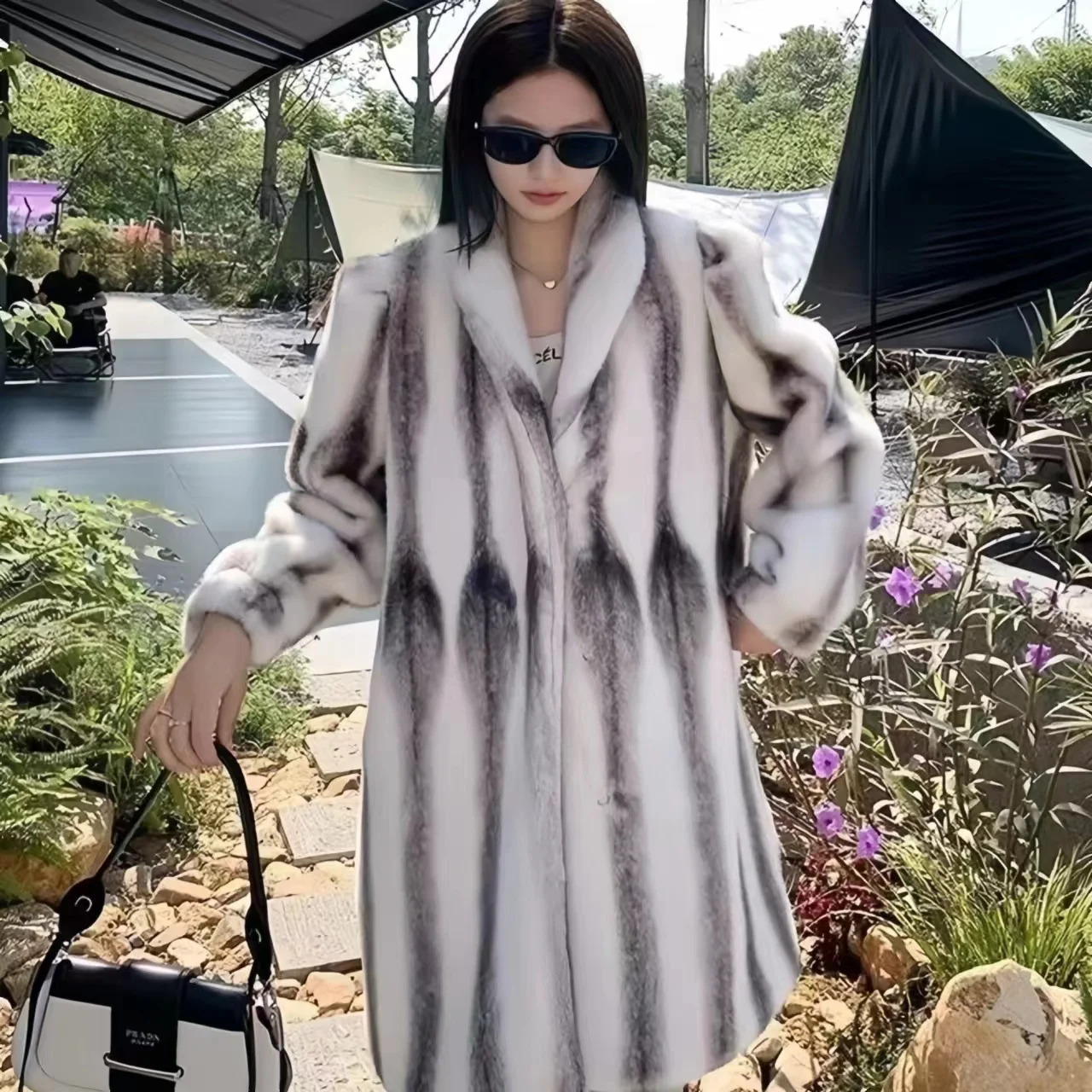 Faux Mink Fur Coat for Women,Covered Button Jacket,Spliced Outwear, V-Neck,Thick Furry, Casual,Autumn and Winter, 2024