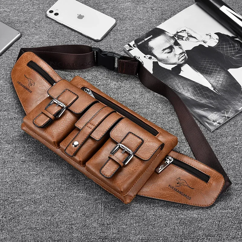 Men\'s Waist Bag Crossbody Shoulder Chest Bags for Man 2026 Leather Man Belt Pouch Travel Pack Large Cell Phone Pocket Fanny Pack