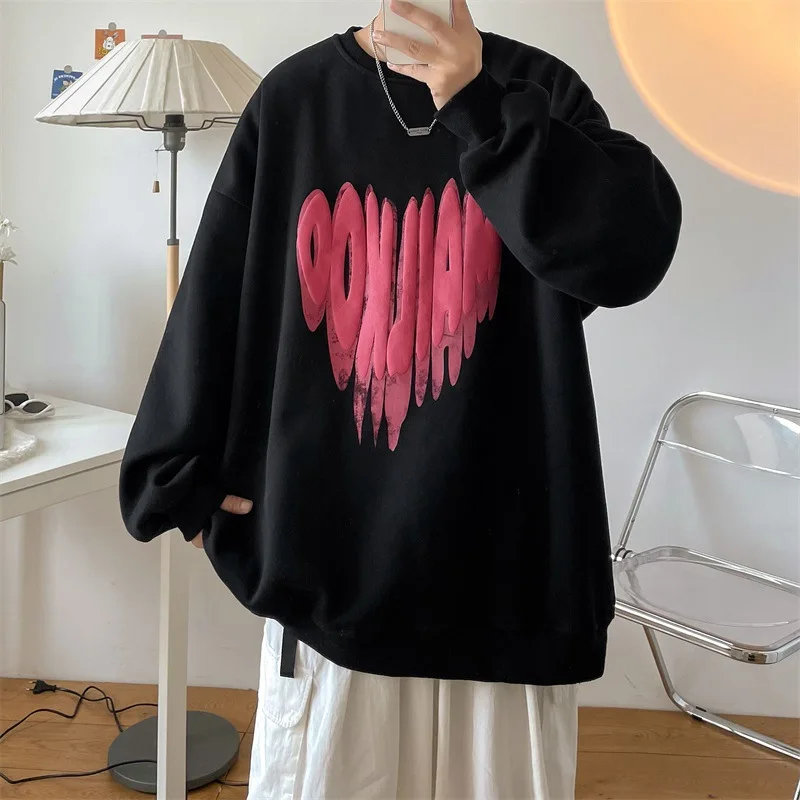 Man Sweatshirts Love Printing Plush Autumn and Winter Long Sleeve Loose O-Neck Casual Oversized Hooded Y2K Streetwear