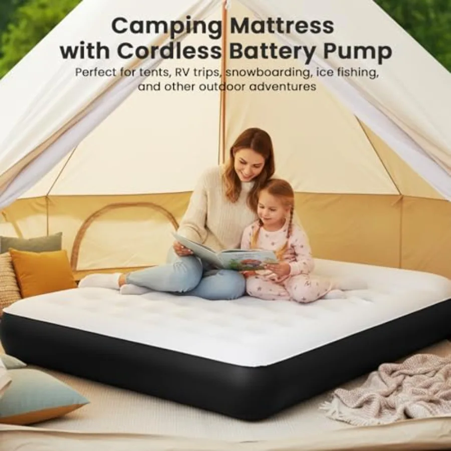 Queen Air Mattress for Camping, Travel, Home Guests PVC, Gray 8 Raised, Built-in USB Rechargeable Pump, Portable Inflatable view 6