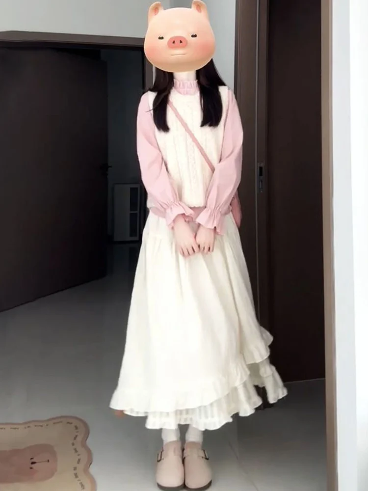 

Модный женский вязаный комплект из топа и длинных брюк/юбки с деревянными бантами для осеннего повседневного образа