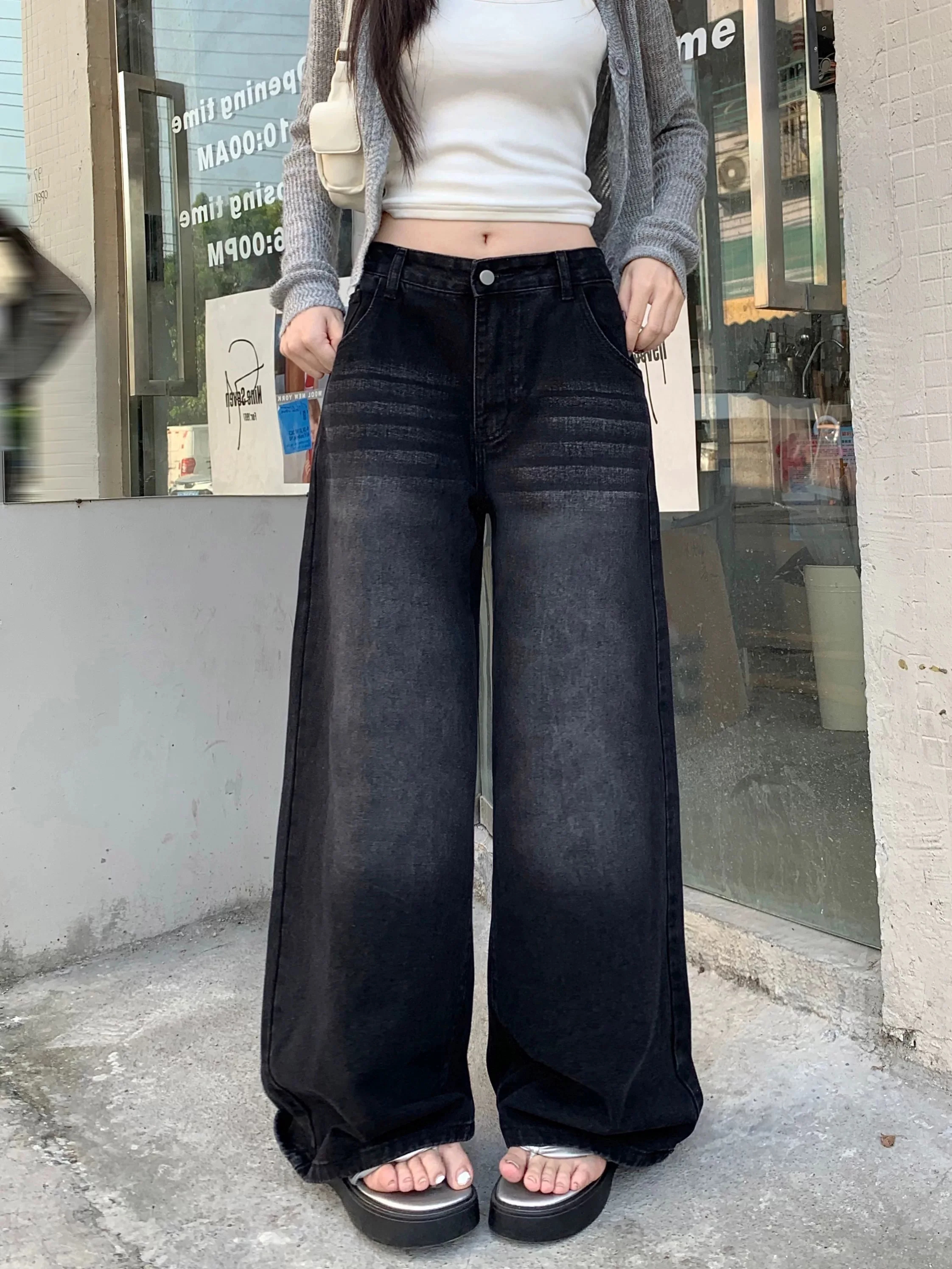

Women Wide Leg Jeans Y2K High Waisted Loose Floor Pants American Retro Dark Long Trousers Autumn New