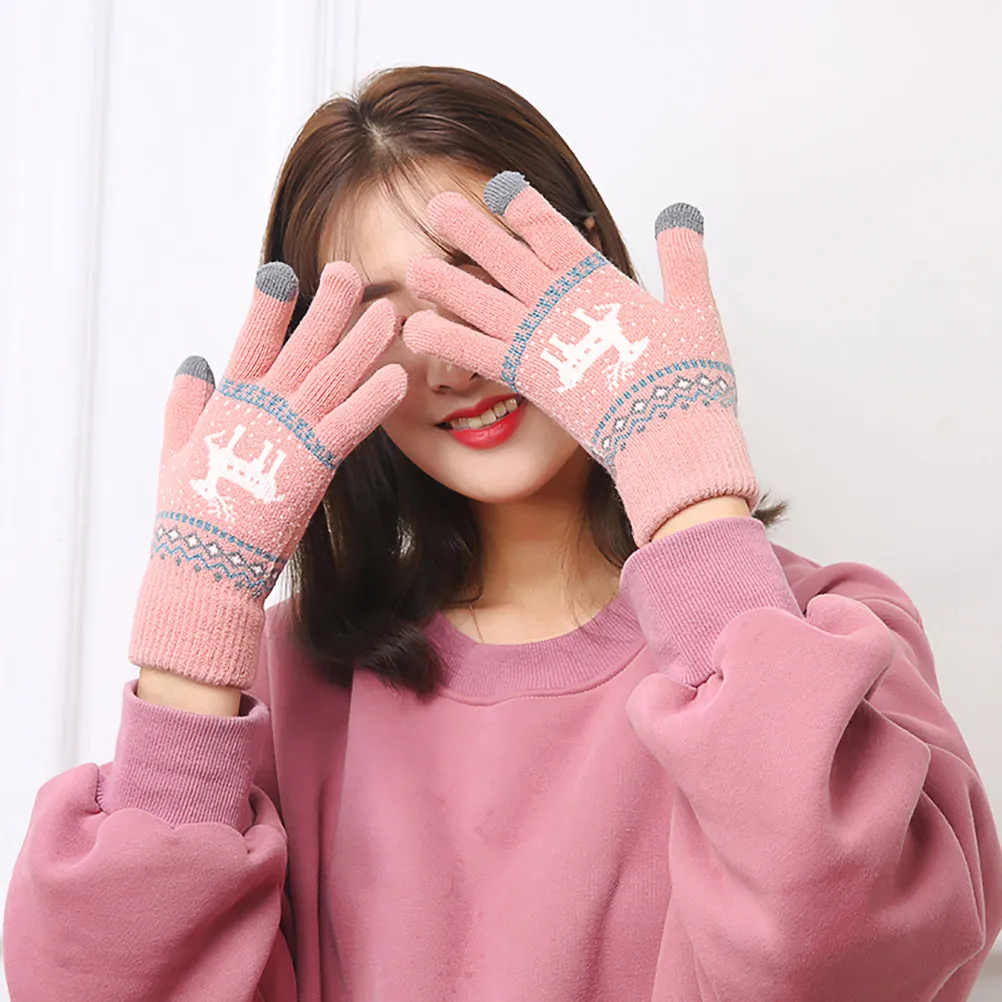 1Pair Cashmere Touchscreen Winter Gloves Thick Knitted Full Finger Warm Gloves Christmas Theme Outdoor Activity Women Hand
