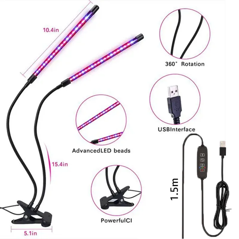 Lámpara USB para cultivo de plantas, luz Led de espectro completo con temporizador, regulable, para suculentas, 1-4 cabezales