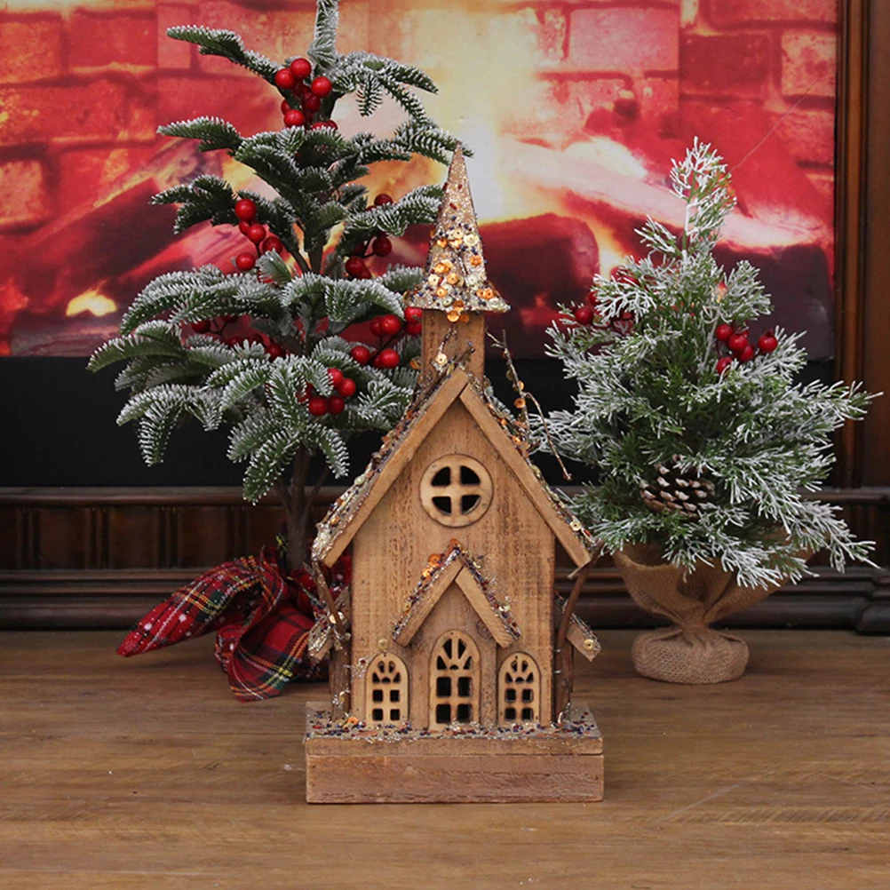 

1pc Wooden Luminous Houses Decorative Craft Bright Festive Home Adornment Desktop Prop Xmas Lighted Hut Gift for Kids