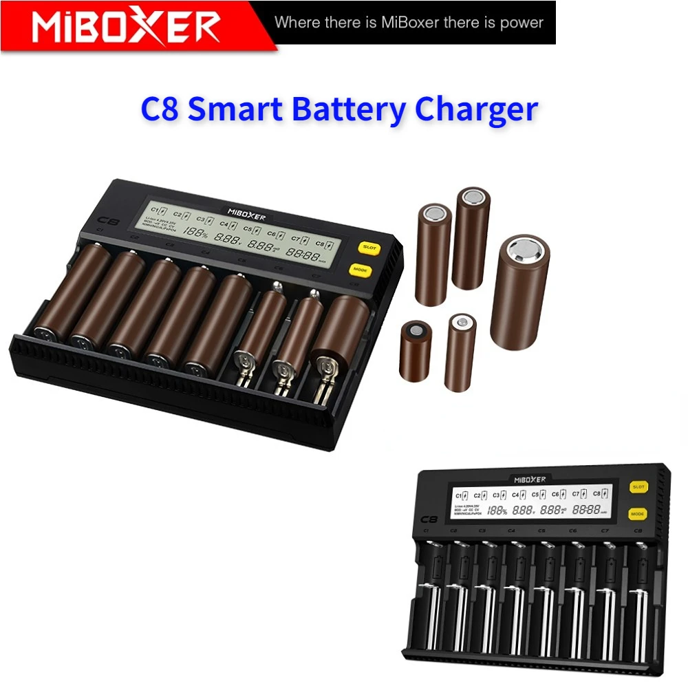 New MiBOXER C8 Smart Battery Charger 8 Slots Total 4A Output Charger For IMR16340 18650 10440 AA AAA 14500 26650 And USB Device