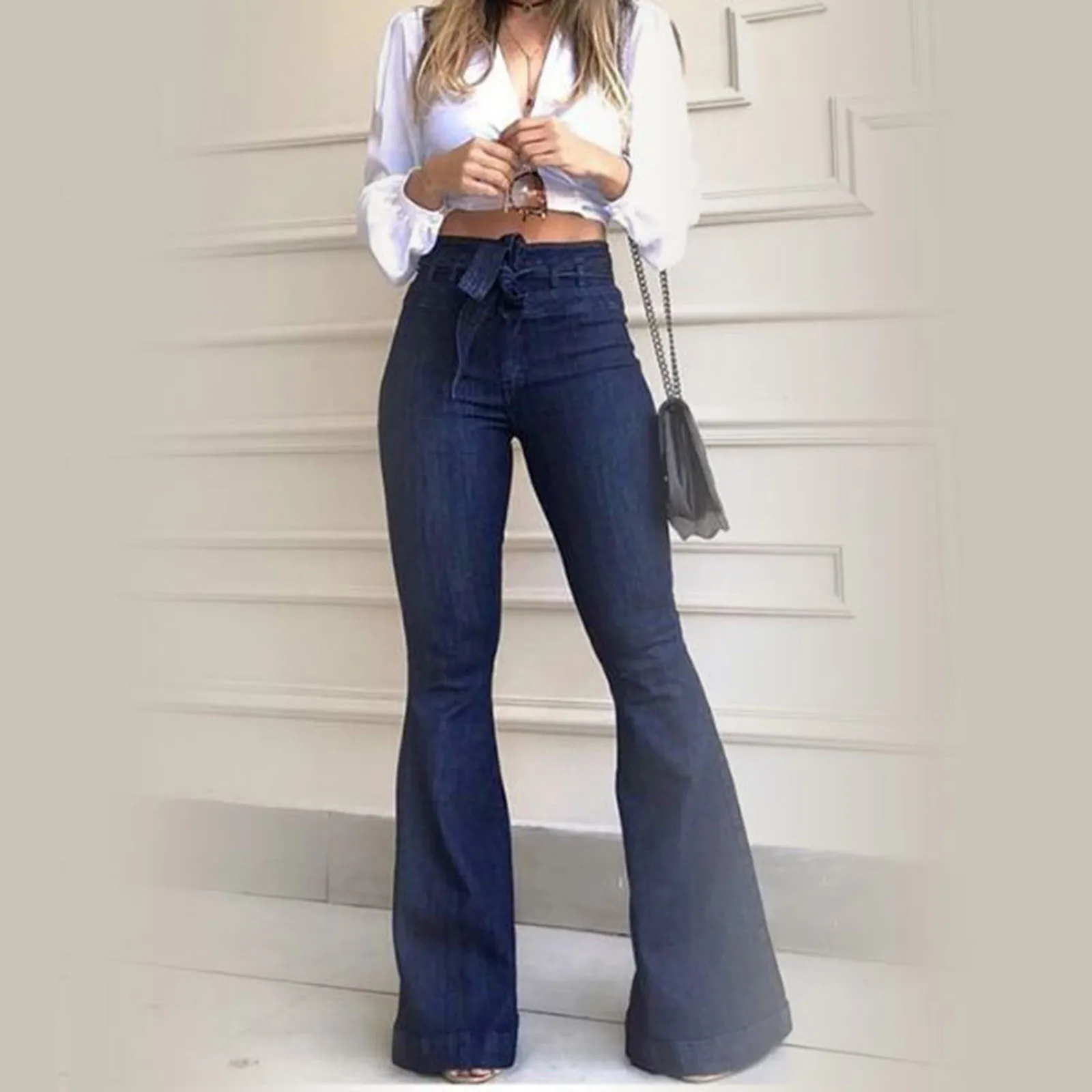 Women Pants High Waist Soild Destroyed Flare Jeans Elastic Waist Bell Bottom Hem Denim Trousers 청바지 Y2k Jeans Streetwear Pants