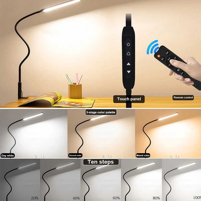 Imagem -04 - Led Clip Light com Controle Remoto Book Reading Lamp 360 ° Ajustável Estudo Quarto Cabeceira Mesa Iluminação de Trabalho ue Eua