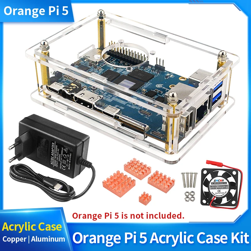 Caja de acrílico naranja Pi 5, caja transparente, disipadores de calor de cobre opcionales, ventilador de refrigeración, fuente de alimentación para Orange Pi 5