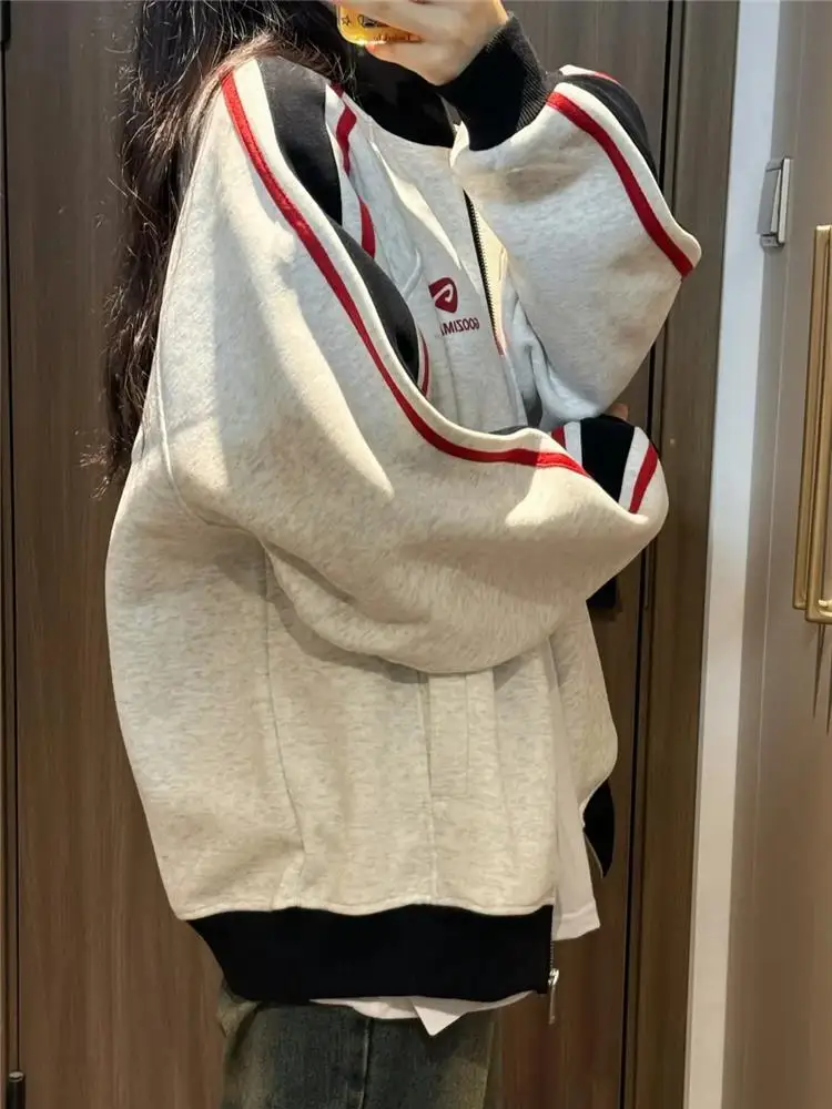 

American Color Block Stripe Shoulder Insert Design Baseball Jacket Women's Spring Autumn Jacket Lazy Style Zipper Sweatshirt