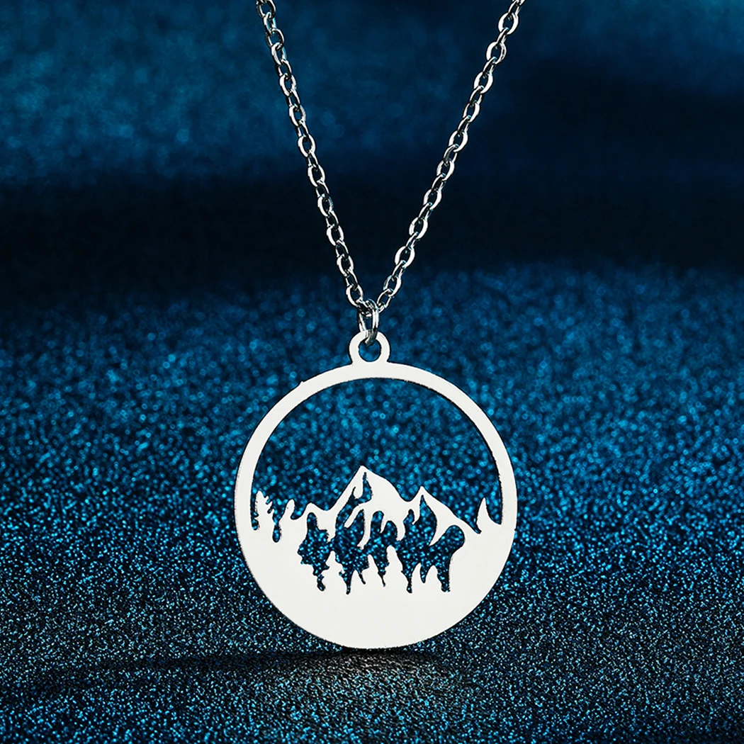 Hollow Mountain Necklace for Women Girls Mountains Are Calling Disc Pendant Stainless Steel Wanderlust Memorial Jewelry Collar