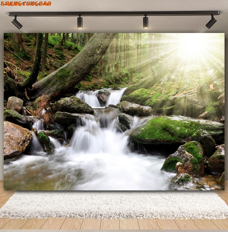 Spring Natural Scenery Photography Backdrops Waterfall Mountain Water River Lake Forest Landscape Background Decor Photo Studio