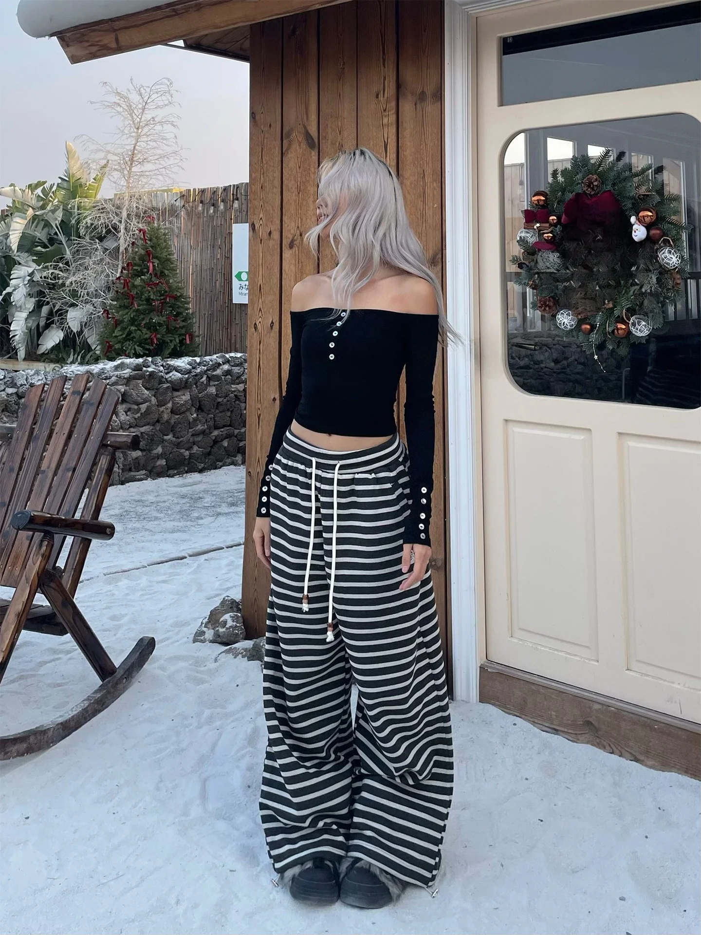 

YAMMYUKI Vintage Lazy Striped Embroidery Dstring Casual Pants Women Loose Slimming Wide Leg Floor-Length Trousers