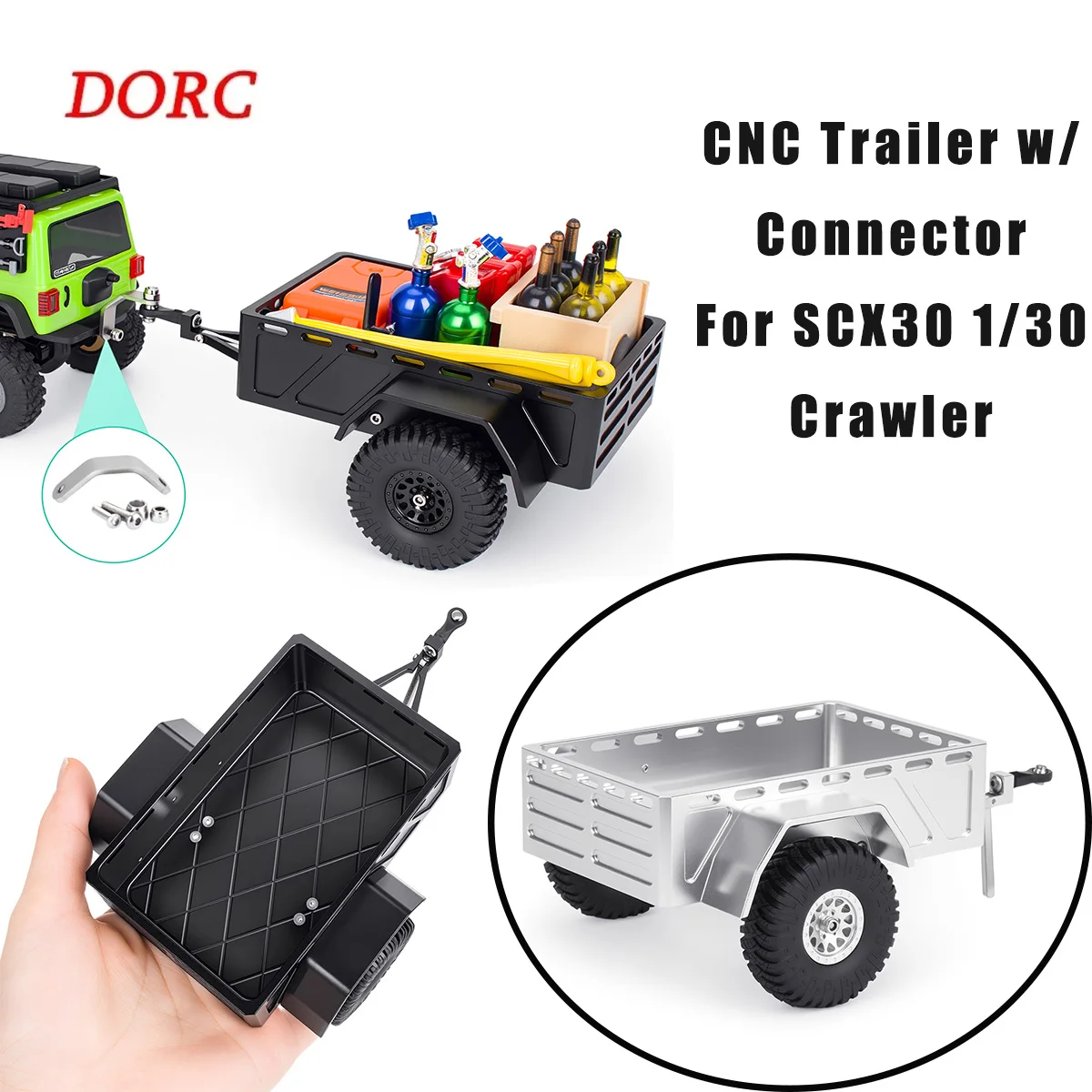 CNC Aluminum Trailer with Stainless Steel Connector for SCX30 1/30 – Universal Fit Crawler Upgrade Parts
