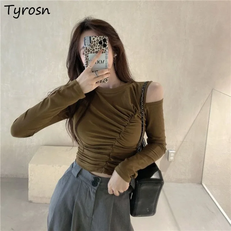 

T-shirts Women Slim Design Fashion Elegant Tender Leisure Hollow Out Daily Solid Simple Stylish Retro Korean Style Folds Cozy