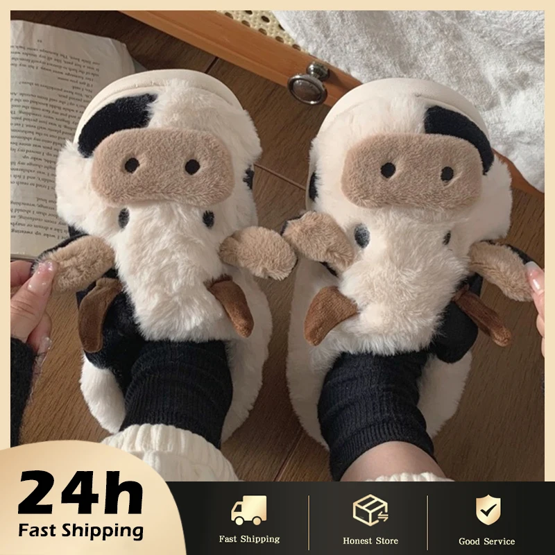 Couples Stylish Cow Slippers Slip-Proof Thick-Soled Indoor Outdoor Slippers Men Women Flip Flops Winter House Sleepers Shoes