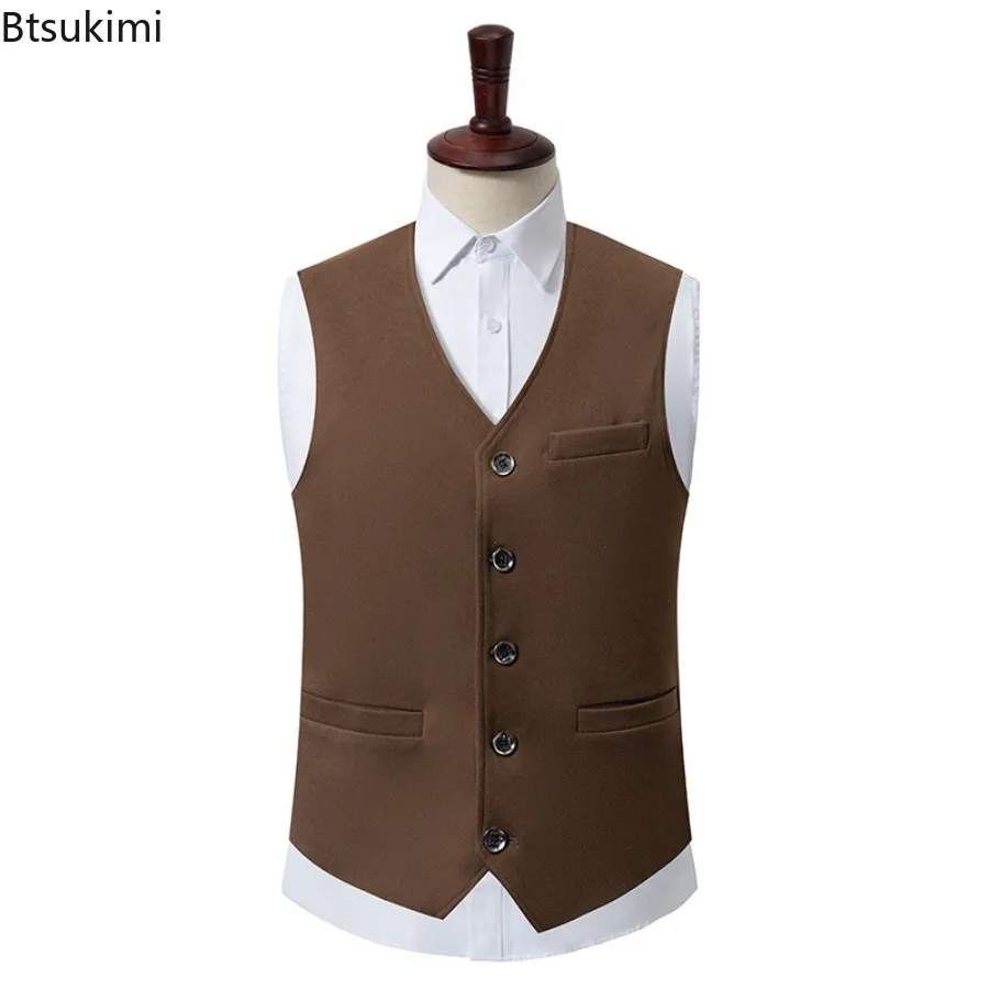 2024 Spring Autumn Vests for Men Casual Vest Jacket Wool V-neck Slim Solid Waistcoat Fashion Versatile Suit Vest Men's Clothes