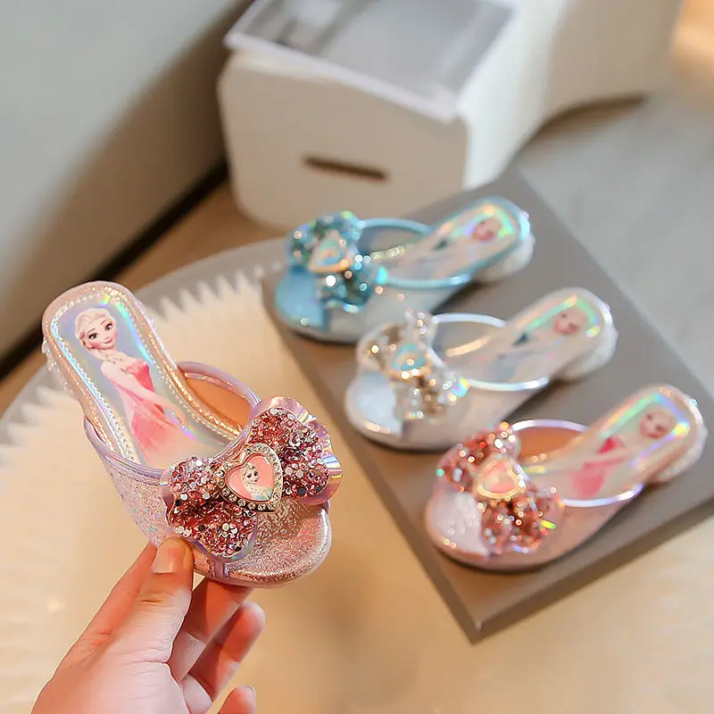 Summer Disney Girls Sandals Frozen Elsa Princess Shoes Girls Crystal Shoes Children High Heels Catwalk Show Party Shoes Size 36