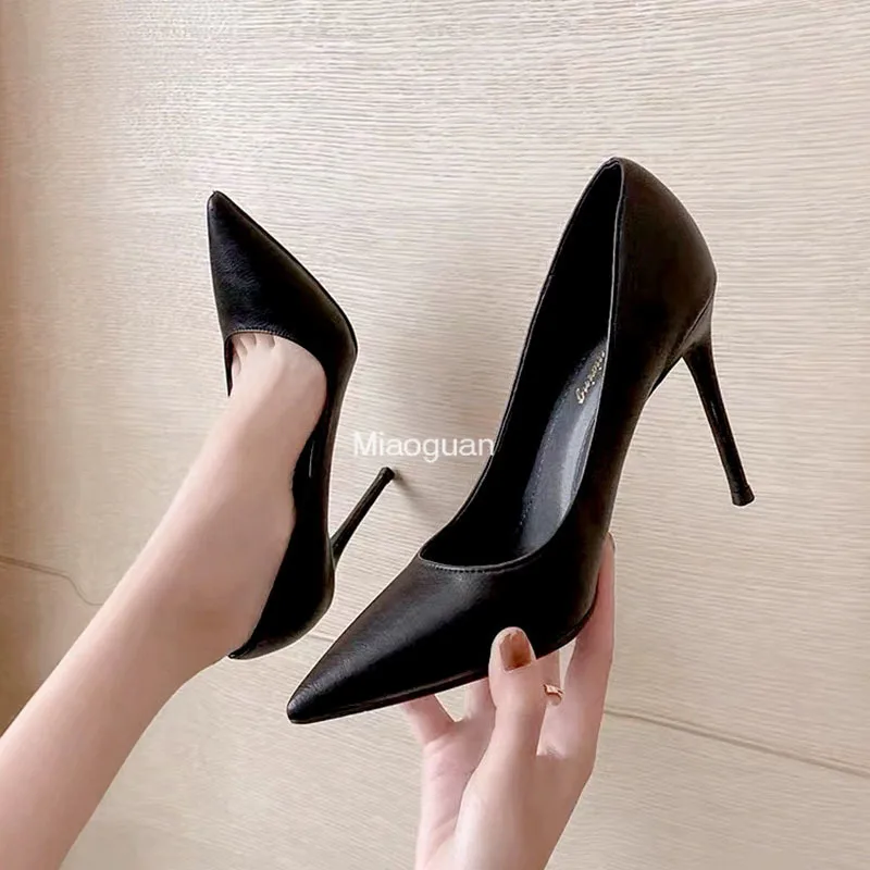 New Soft Leather Black Professional High Heel Female Stiletto All-match Flight Attendant Work Shoe Elegant Spring Autumn Classic