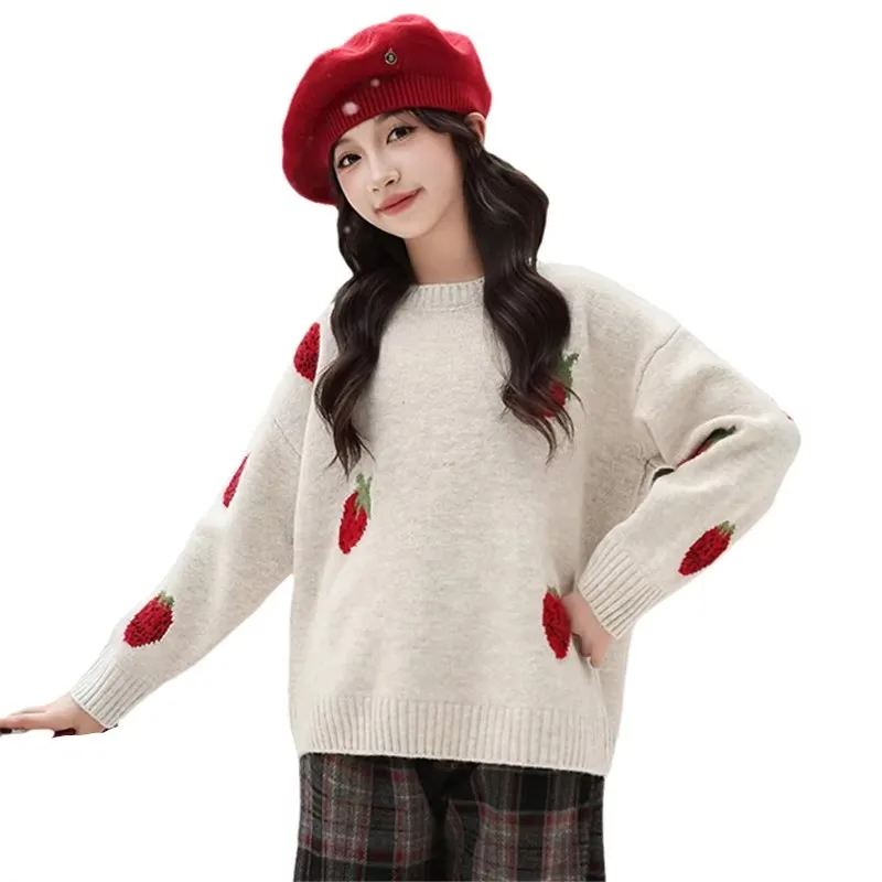 

Slim Style Kids Beige Sweater with Strawberries For Girl Slim Fit Outfits Knitted Top Baby Children Pullover Knitwear Age 4-14Y