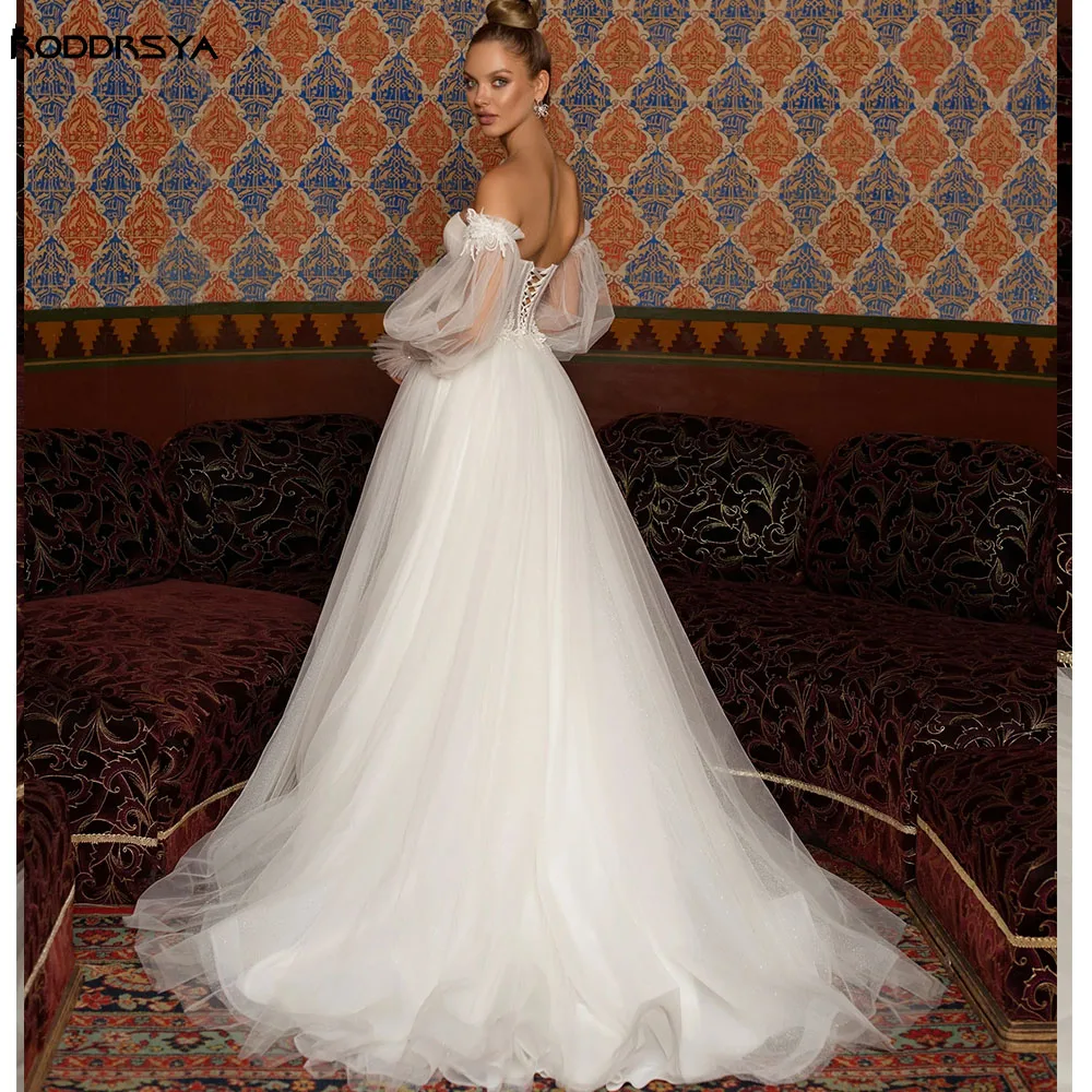 RODDRSYA Tulle Ruffles Strapless Sweetheart Wedding Dress with Removable Puff Long Sleeves A-line Vestido De Noiva Sweep Train