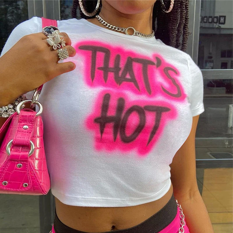 New printed T-shirt, fashionable casual short sleeved top, Y2K summer sexy electronic girl T-shirt, women's clothing