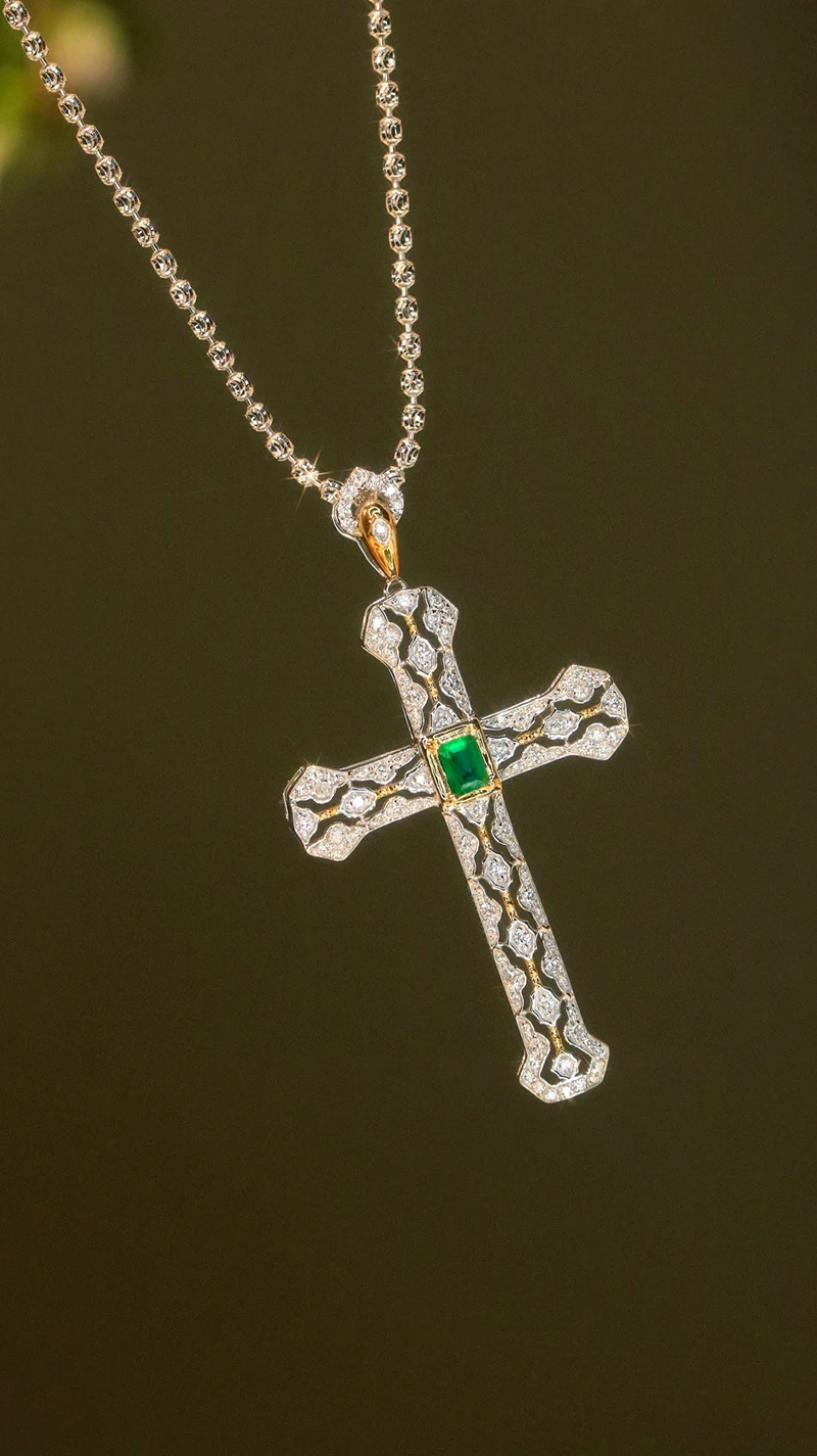 Kugg 100% 18k branco + pingente de ouro amarelo feminino vintage estilo cruz luxo diamante natural esmeralda pedra preciosa colar pingente