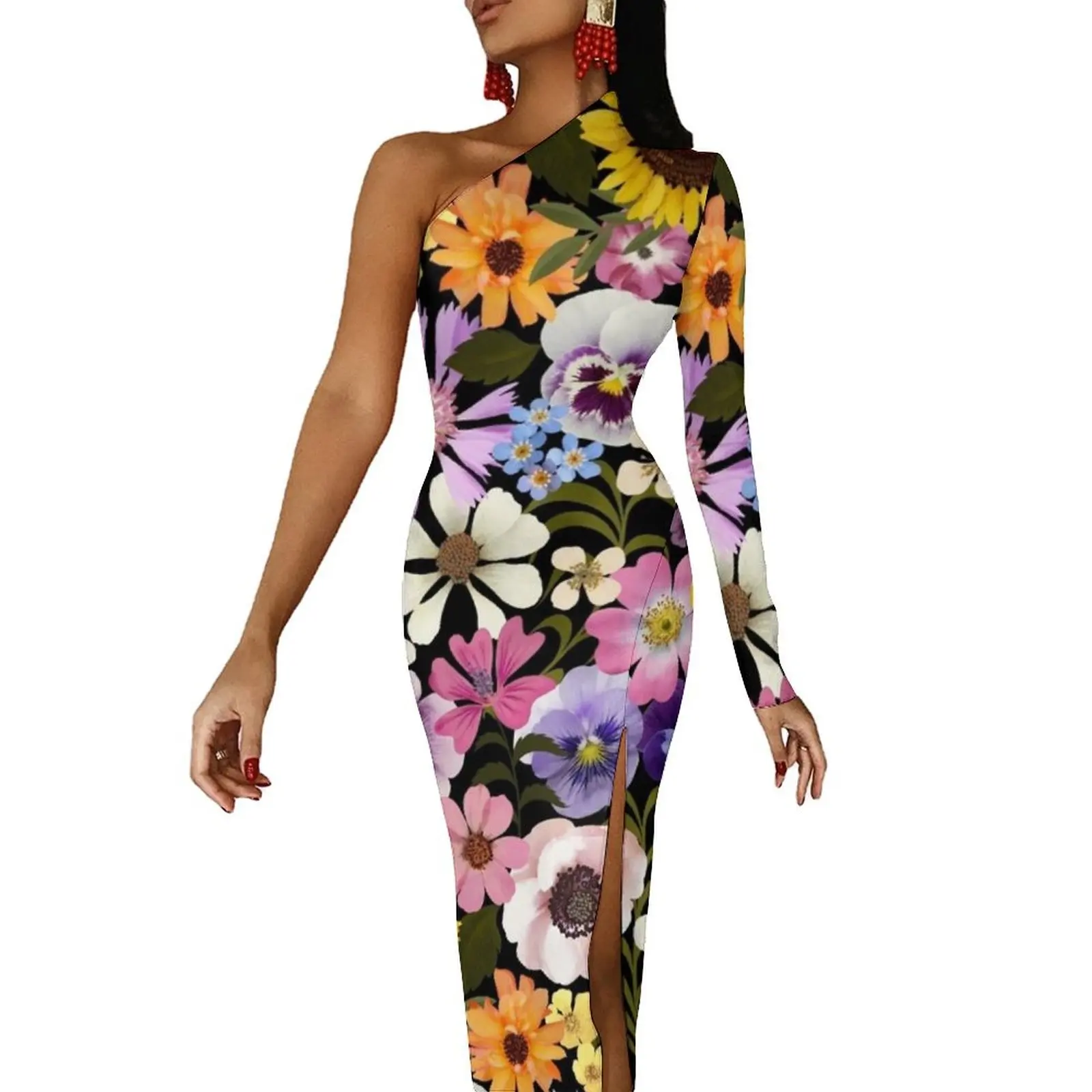 

Spring Garden Party floral -black Half Dleeve Split Dress cute dress long dresses for women