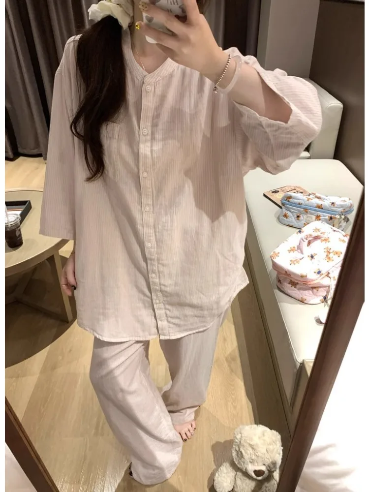 

2025 Spring and Autumn New Women Pajamas Set Casual Striped Long-sleeved Pants Homewear Round Neck Loose Casual Pijamas Feminino
