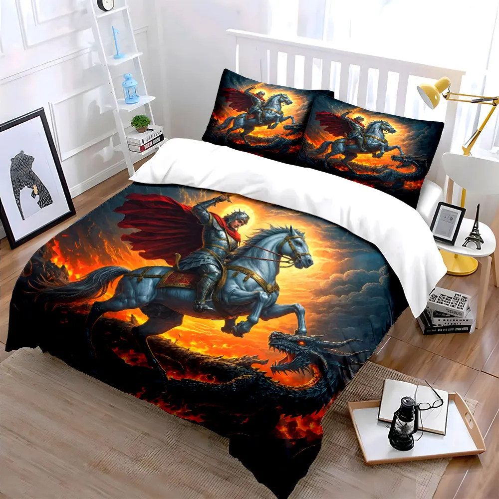 Knight Battles Dragon Amid Flames Bedding Set for Kids Luxury Gift 3pcs Digital Print Comforter Set Soft Comfortable Breathable