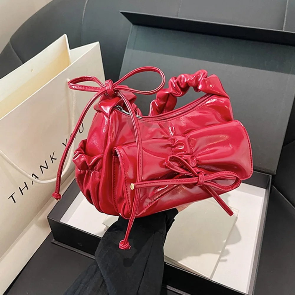 

French Style Bowknot Shoulder Bag Ruched Pu Leather Pleated Drawstring Bag Fold Strap Korean Style Bow Underarm Bag Outdoor