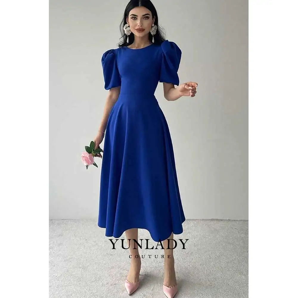 YUNLAN Temperament Light Blue A-Line Round Neck Dress 2024 Dubai Lady Important Occasion Dress Muslim Birthday Party Dress