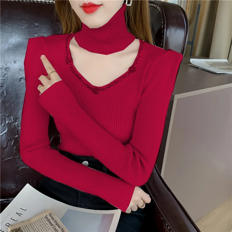 

Ladies Hollow Out Nail Bead Pullover Sweater Women Clothing Girls Autumn Casual Knitwear Female Woman OL Sweaters Py2654