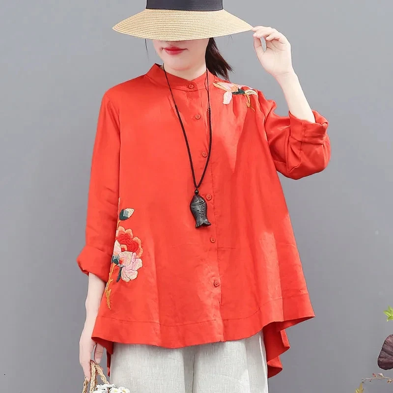 Female Embroidery Stand Collar Large Size Shirt Coat Spring Summer Women Loose Front Short Back Long Long Sleeved Blouse Jacket