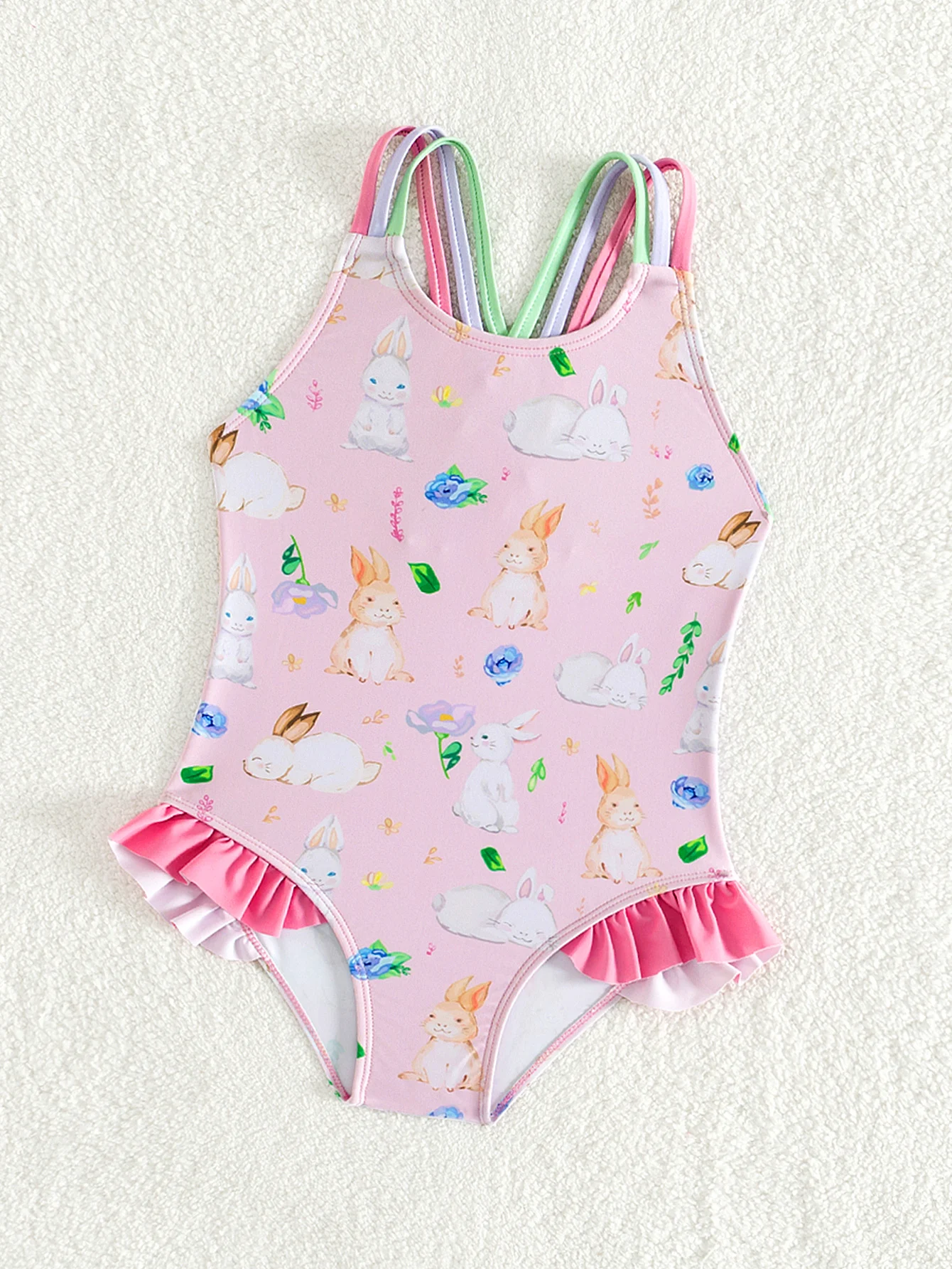 Summer Quick-Drying Ruffle Child Kids Vacation Beach Clothes Swimsuit Rabbit Print Stretchy Beach Girls Kids 1-piece Swimwear