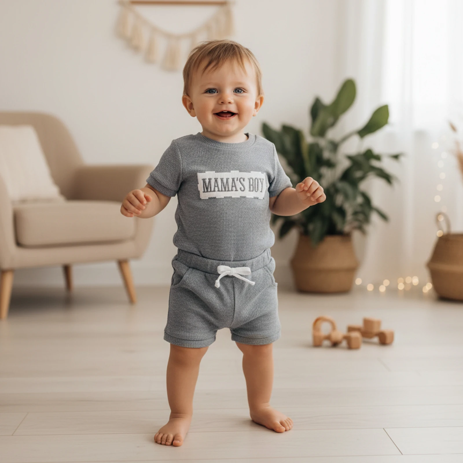 ملابس صيفية للأطفال الأولاد والبنات، شورت رومبير بأكمام قصيرة مطرز بحروف مكونة من قطعتين #6