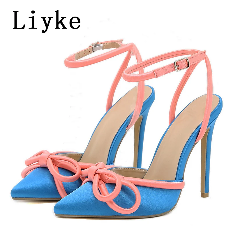 Liyke Summer Party Wedding High Heels For Women 2024 Fashion Pink Bowknot Stiletto Sandals Pointed Toe Buckle Strap Shoes Pumps