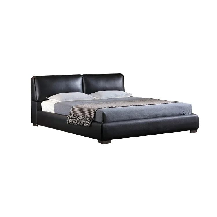 

Leather first layer cowhide black, Italian minimalist soft bag master bedroom furniture leather wedding bed