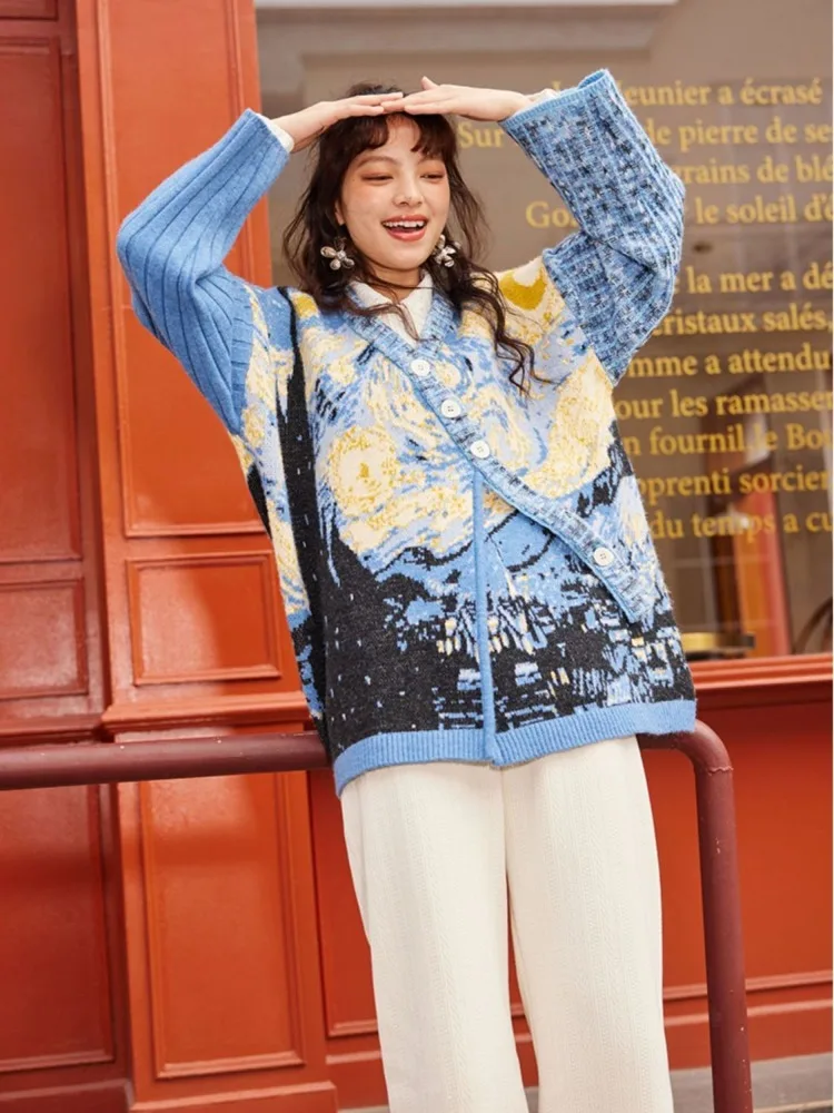 Vintage French Van Gogh Art Button Knit Cardigan Women Harajuku Patchwork Aesthetics Jackets Pullover Kawaii Sweater Coats Y2k