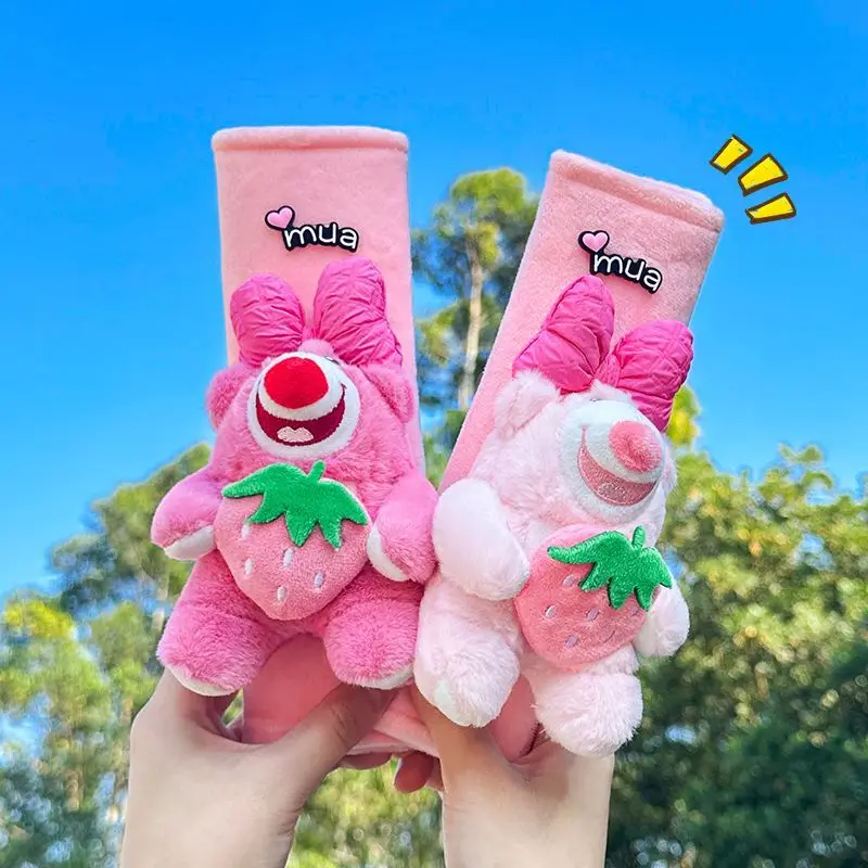 New Cute Pink Bear Car Seat Belt Shoulder Protector Plush Insurance Children Decoration Car Accessories Interior Woman