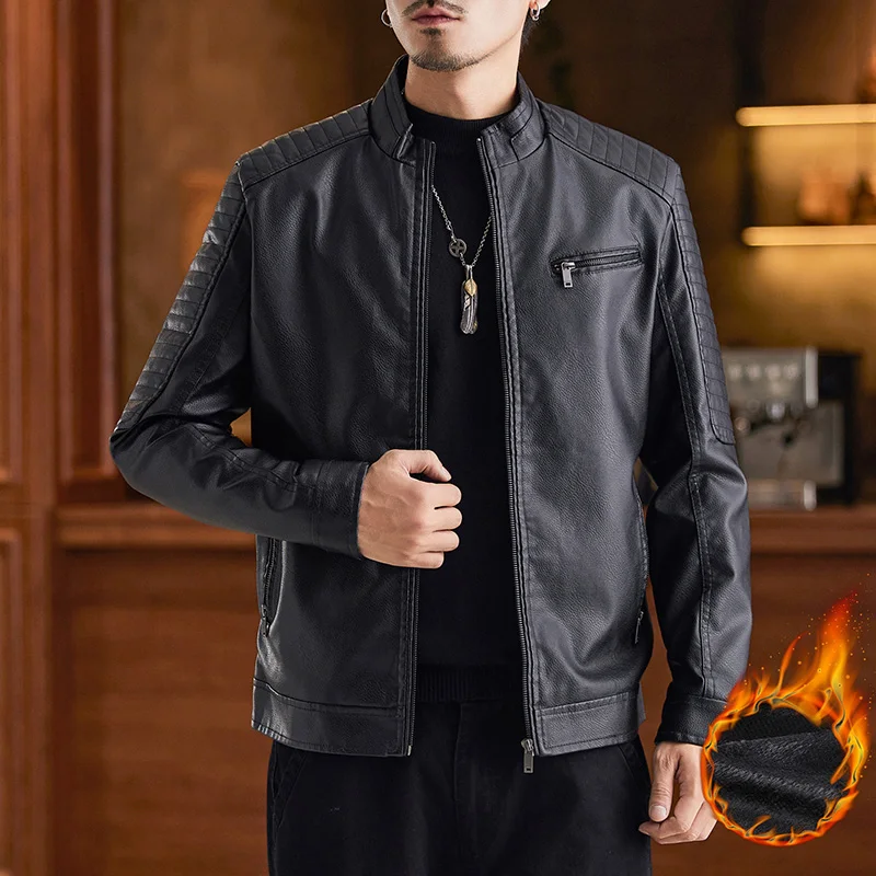 

Male Plush Top Leather Jacket Men's PU Leather Jacket Men Autumn and Winter Trend Stand Up Collar Motorcycle Leather Jacket