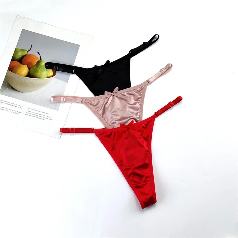3PCS/Set Glossy Satin Pink Thong Adjustable Low Waist Women Smooth Silk G-string Sexy Plus Size Pant