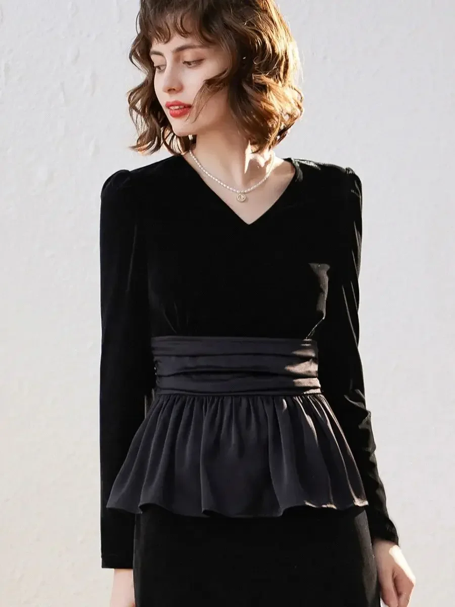 LOUIS YAO Women Velvet Top 2023 Autumn Vintage V-neck Long Sleeve Shirt Spliced Hem Design Women Tops